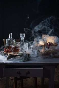 Still life drink and cheese