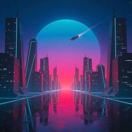 Neon Stadslandschap met Ruimteschip en Grote Maan