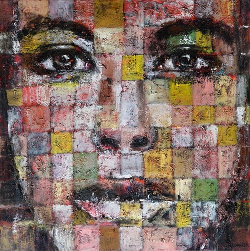 Portrait de femme abordé de manière abstraite avec des couleurs douces et neutres sur Anja Namink - Peintures