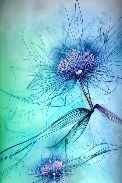 Blue III - plant and flower in lines - alcohol ink digital by Lily van Riemsdijk - Art Prints with Color