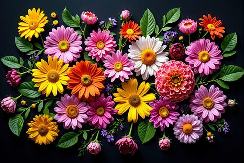 Flatlay van diverse bloemen op donkere achtergrond
