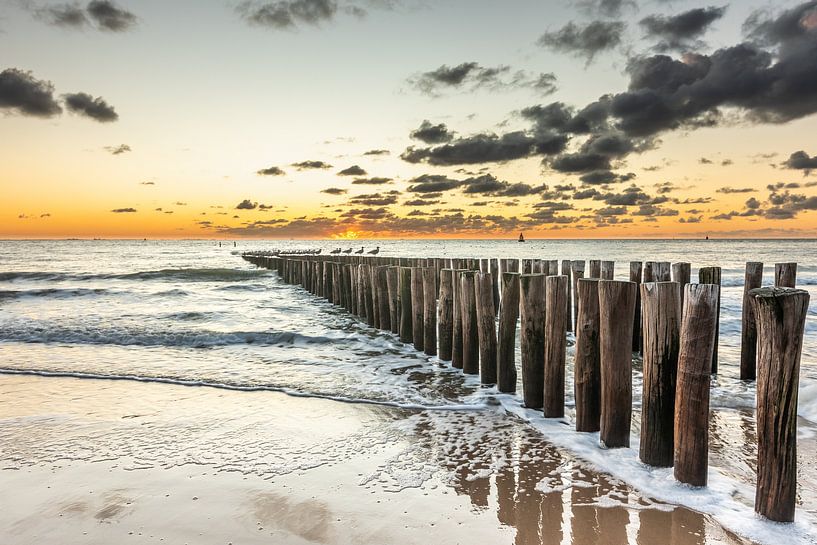 Coucher de soleil sur la plage de Valkenisse avec ses brise-lames par Jan Poppe