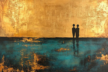 Abstracte wandkunst met gouden en blauwe accenten