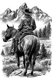 Cowboy auf einem Pferd – detaillierte Vintage-Strichzeichnung von NAIME ATELIER