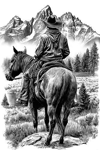 Dessin au trait vintage détaillé représentant un cow-boy à cheval