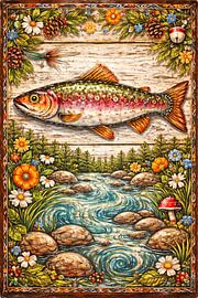 Truite arc-en-ciel colorée sur fond de bois