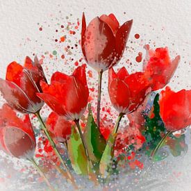 Frisches Frühlingsbild: Holländisches Blumenzwiebelfeld mit roten Tulpen von Studio Pieternel