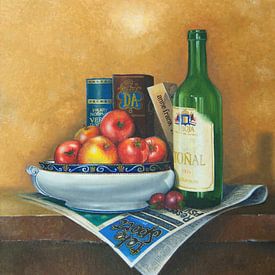 Stilleben mit Schüssel, Tomaten und Weinflasche von David Soekana