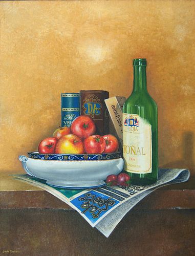 Stilleben mit Schüssel, Tomaten und Weinflasche