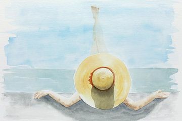 Aan de rand van het zwembad (aquarel schilderij portret vrouw hoed zomer vakantie zwemmen benen) van Natalie Bruns