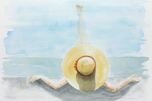 Aan de rand van het zwembad (aquarel schilderij portret vrouw hoed zomer vakantie zwemmen benen)