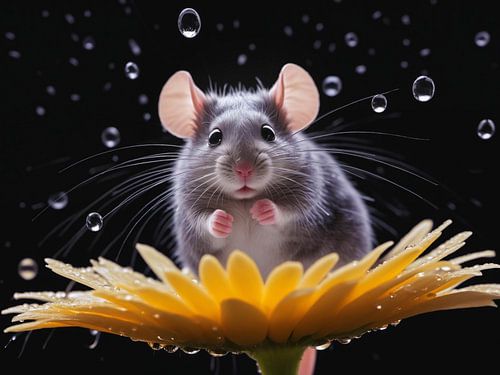 Schattig muisje op een gerberabloem in de regen