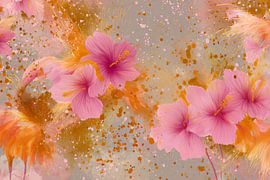 Pink hibiscus in a warm shower of copper-coloured rain