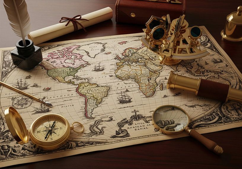 Weltkarte mit Navigationstools und Schreibutensilien von Markus Gann