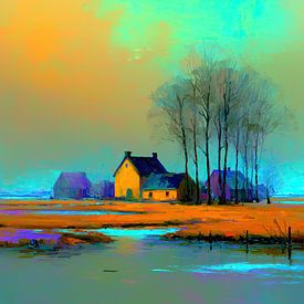 Bauernhof | Ockerfarbenes Haus zwischen schlanken Bäumen von Kunst Laune