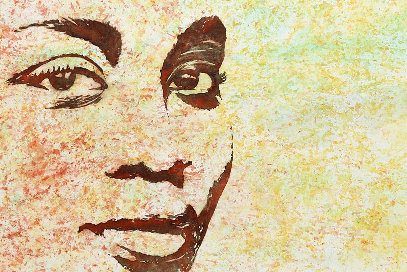 Krachtig (kleurrijk aquarel schilderij portret vrouw Afrikaanse vlag kleuren gezicht silhouet ogen) van Natalie Bruns