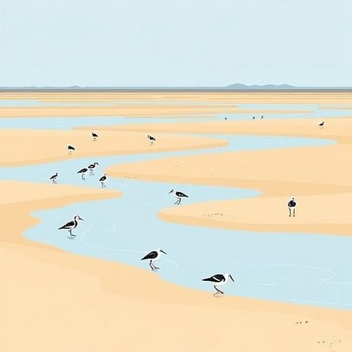 Vögel auf dem Wattenmeer bei Ebbe im Ameland.