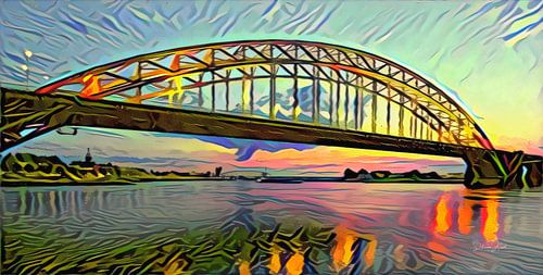 Abstracte skyline van Nijmegen - Panorama schilderij van de Waalbrug bij Nijmegen van Slimme Kunst.nl