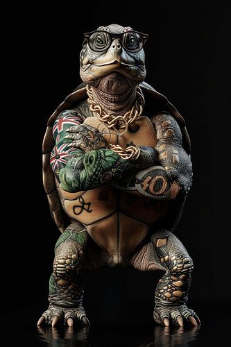 Schildpad met tattoos en gouden accessoires