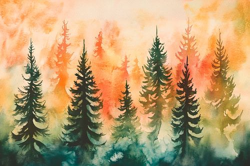 Schilderij van dennenbomen in de zonsondergang