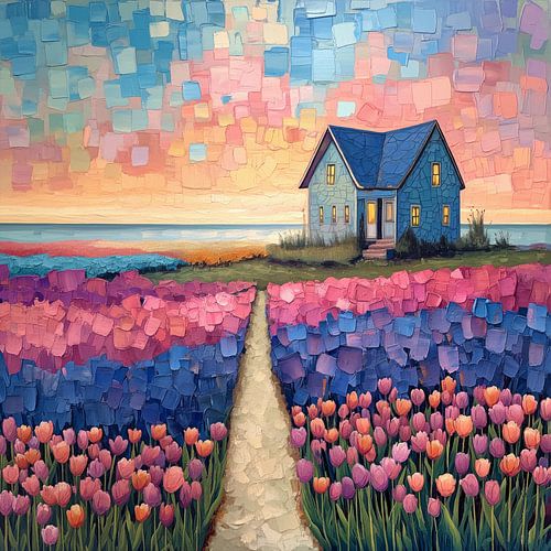 Huisje met tulpenveld