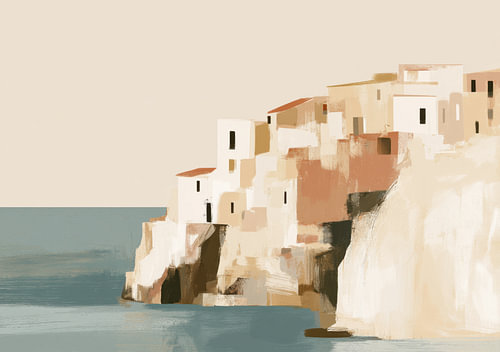 An Italian coastal town perched on cliffs, in shades of beige and blue by Niklas Maximilian