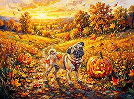 Speelse illustratie van pompoenen langs een herfstpad van ArtMomente