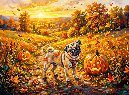 Whimsical Autumn Pumpkin Path Mops Illustration