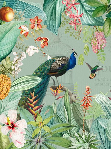 Colourful tropical vintage animals peacock jungle by Floral Abstractions