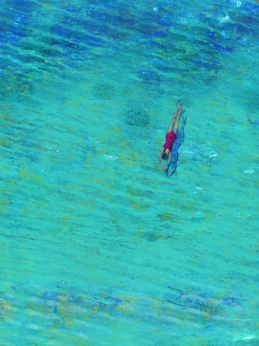 Frau in pinkfarbenem Badeanzug schwimmt im Meer von Karen Kaspar