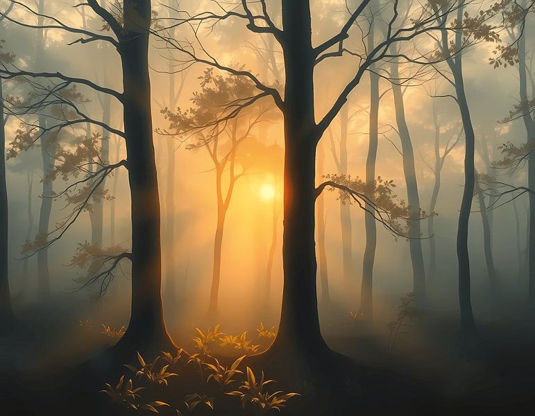 Murmures de l'aube : la lumière dorée à travers la forêt par Artistic