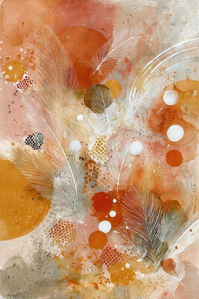 Oranje abstract schilderij met pluimen – Warm en modern-2 van Joriali Abstract