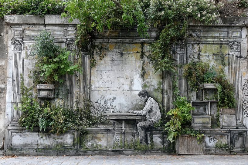 Urban Poetry Graffiti - Mann schreibt am Tisch von BowiScapes Abstrakt und digitale Kunst