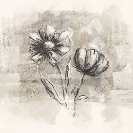Ländliche Blumenmalerei - warme Kohlezeichnung mit natürlichen Texturen von Emiel de Lange