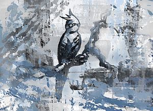 Sittich auf Ast in blau-grau und schwarz