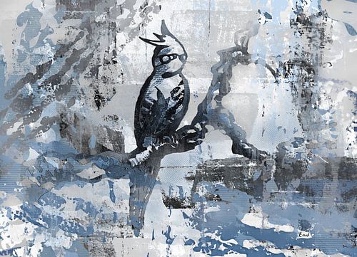 Parkiet op tak in blauw grijs en zwart