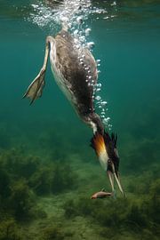 Haubentaucher auf Fischjagd unter Wasser von Markus Gann