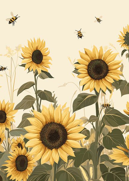 Sommerliche Sonnenblumen mit summenden Bienen von Pixelbull Design