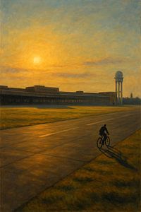 Tempelhofer Feld Dämmerung: Radfahrer gegen den Sonnenuntergang