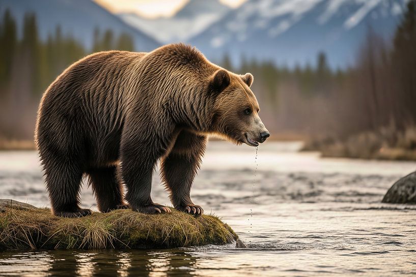 Brown Bear Standing on Rock in River with Mountain Backdrop by Markus Gann
