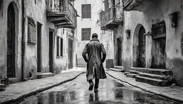 Homme avec manteau et chapeau dans la rue sur Mustafa Kurnaz