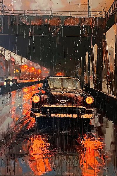 Soirée pluvieuse avec voiture de collection sous un pont par Art & Soul Creations