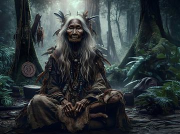 Alte schamanische Frau sitzt nachts im Wald von Eye on You