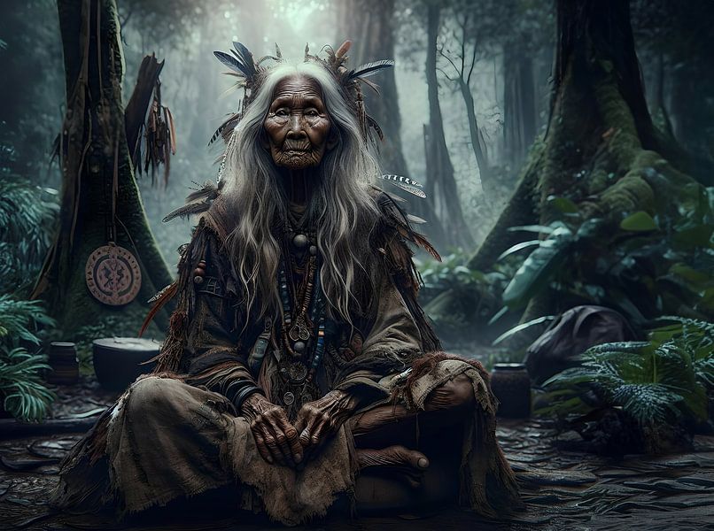 Old shamanic woman sits in forest at night by Eye on You