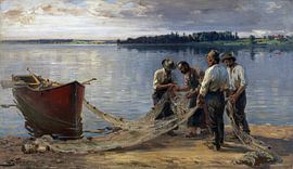 Vissers repareren hun netten aan de oevers van de Chiemsee, JOSEPH WOPFNER, ca 1885 van Atelier Liesjes