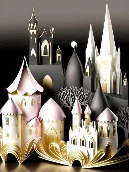 Miniature landscape porcelain white gold grey surreal houses trees by gm_designs
