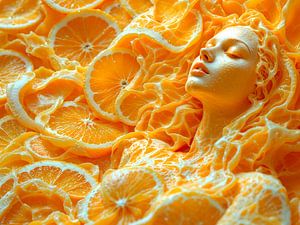 Portrait d'une femme au milieu d'oranges