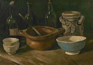 Stilleven met drie flessen en aardewerk, Vincent van Gogh