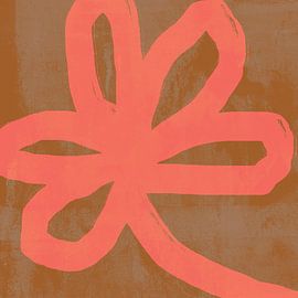 Neonorangefarbene Blume auf dunklem Ockergelb. Bunte botanische Kunst. von Dina Dankers