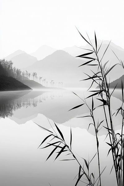 Tranquil landscape with reeds and mountains by Poster Art Shop